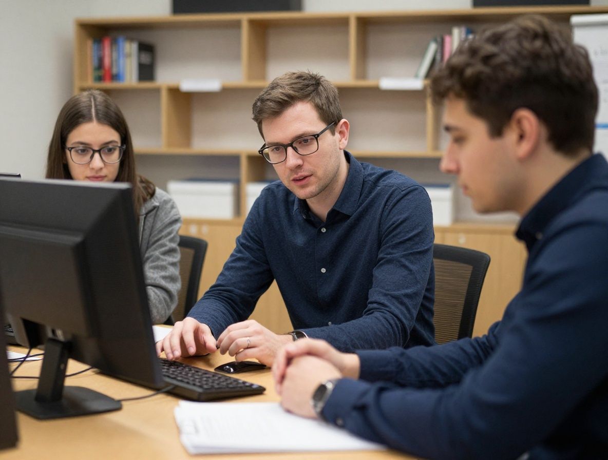 Опытный преподаватель журналистики объясняет студентам технику интервьюирования на интерактивной доске в светлой аудитории