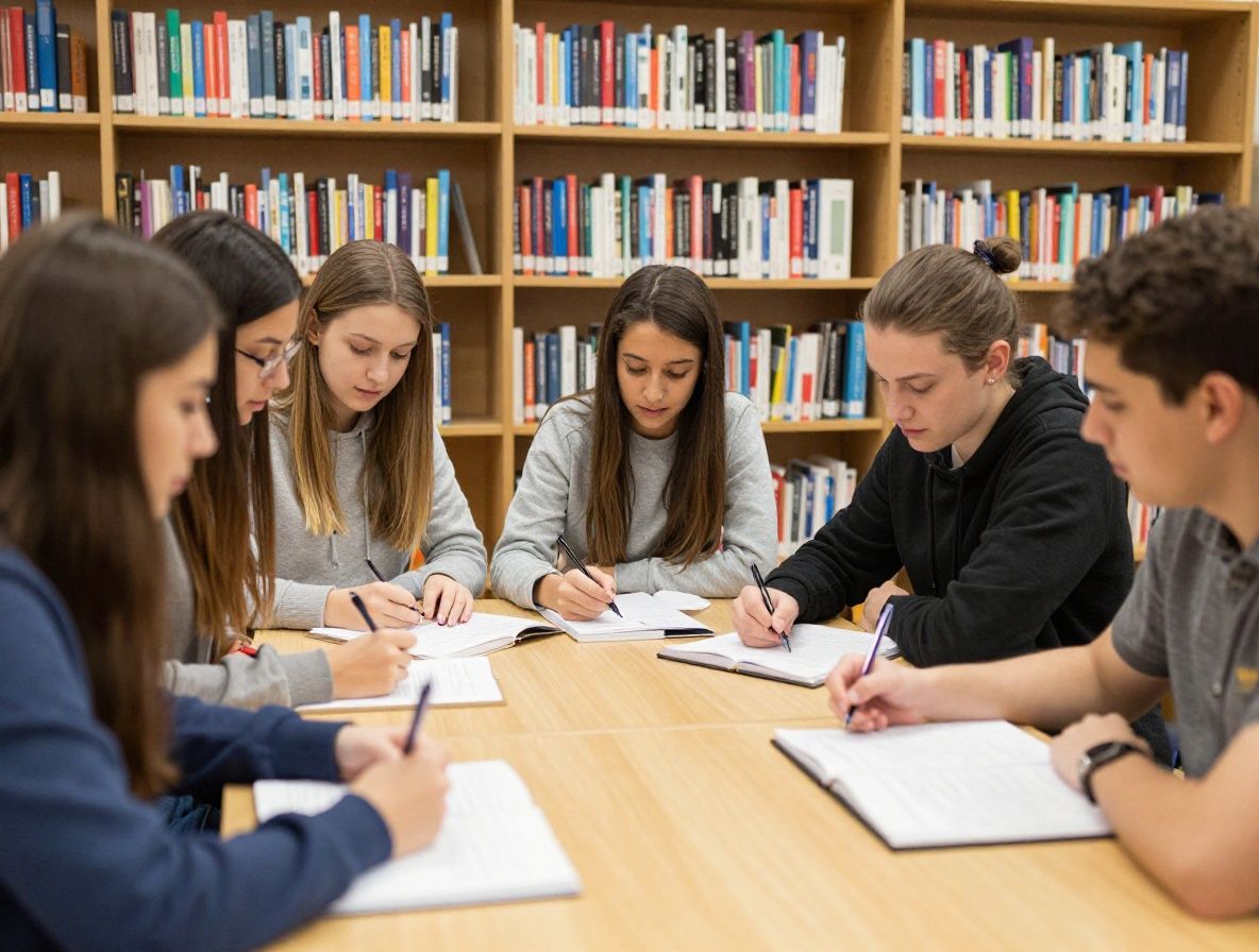 Разнообразная группа студентов изучает материалы о журналистских программах в просторной библиотеке медиаинститута