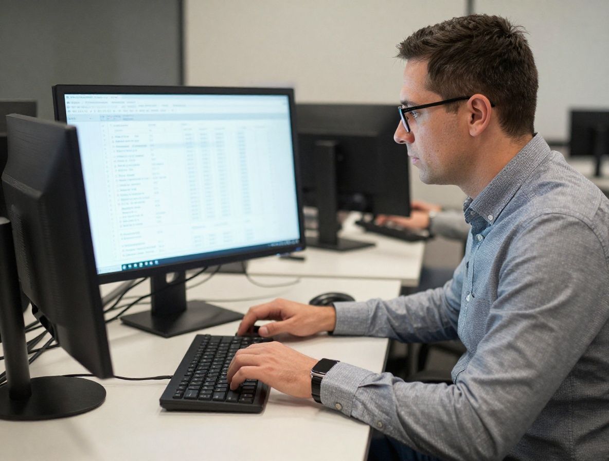 Журналист-аналитик изучает интерактивные графики и таблицы данных на двух мониторах в современном офисе