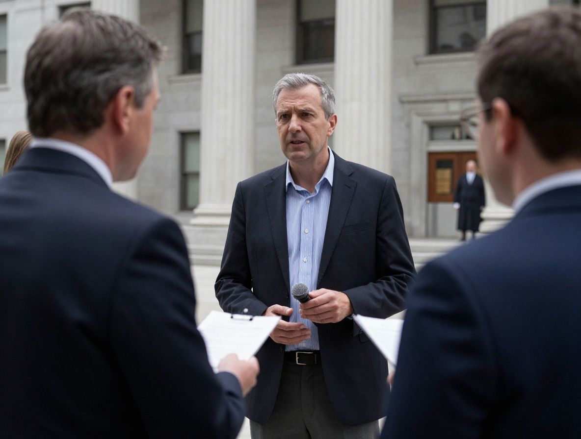 Репортёр с блокнотом и диктофоном берёт интервью перед фасадом здания американского суда