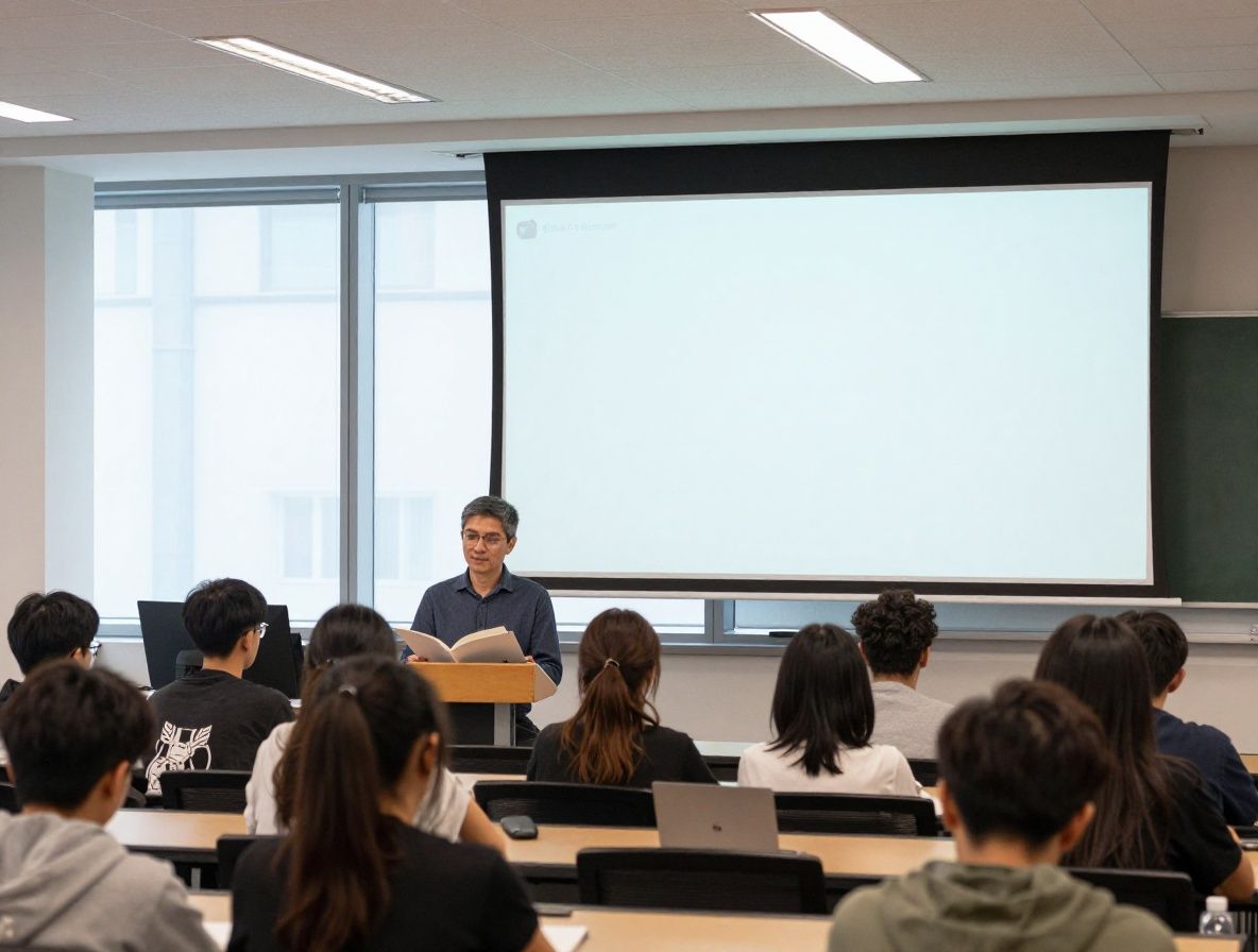 Профессор журналистики читает увлечённую лекцию студентам в светлой аудитории с панорамными окнами и большим экраном