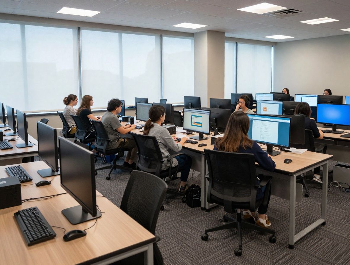 Современный просторный учебный ньюсрум с рядами рабочих мест, мониторами и большими окнами в американском медиаинституте